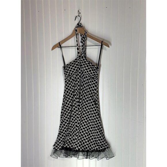 Y2K IZ Byer Halter Dress S Black White Circle Print Mesh Hem Made USA Cocktail - Picture 1 of 8